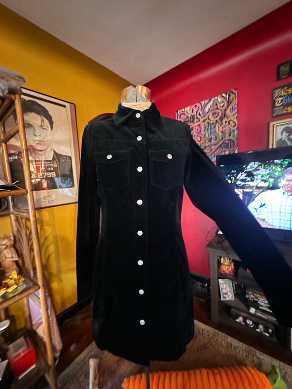 GAP Black Velvet Long Sleeve Button-Front Dress with White Buttons